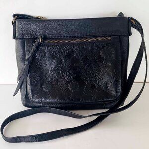 The Sak Sanibel Mini Crossbody Bag Black Leather Floral Embossed Boho Purse